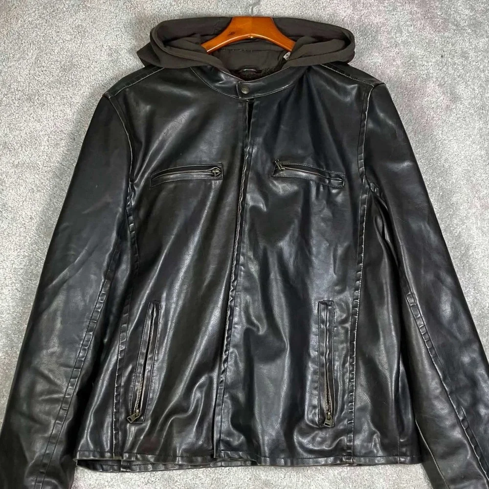 Levi's Faux Leather Jacket Men XL Black Hooded Sherpa Lined Moto Coat